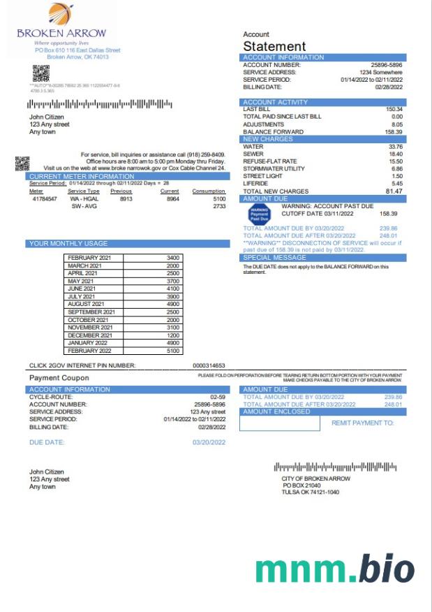USA Oklahoma City of Broken Arrow rachunek za media szablon w formacie Word i PDF
